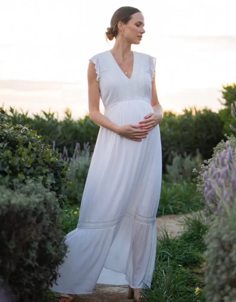 Seraphine Weißes Boho Still- & Umstandsmaxikleid mit Spitze |